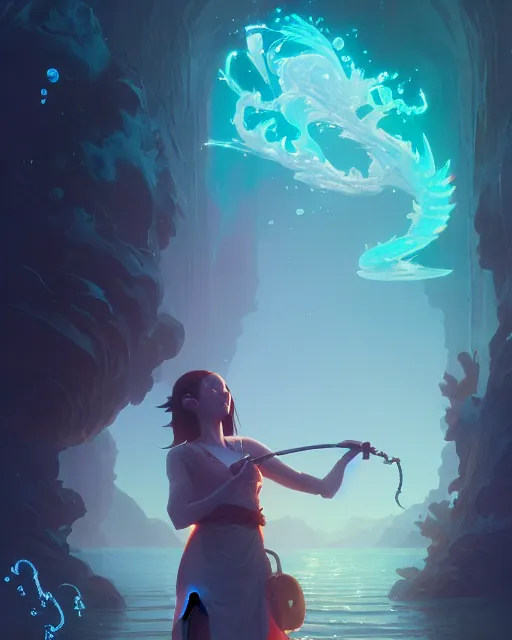 Image similar to highly detailed vfx portrait of a mage casting a water spell, unreal engine, greg rutkowski, loish, rhads, beeple, makoto shinkai and lois van baarle, ilya kuvshinov, rossdraws, tom bagshaw, alphonse mucha, global illumination, detailed and intricate environment