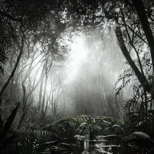 Image similar to dark tropical forest, life, sparkling spirits, detailed wide shot, photograph, ground detailed, wet eyes reflecting into eyes reflecting into infinity, beautiful lighting