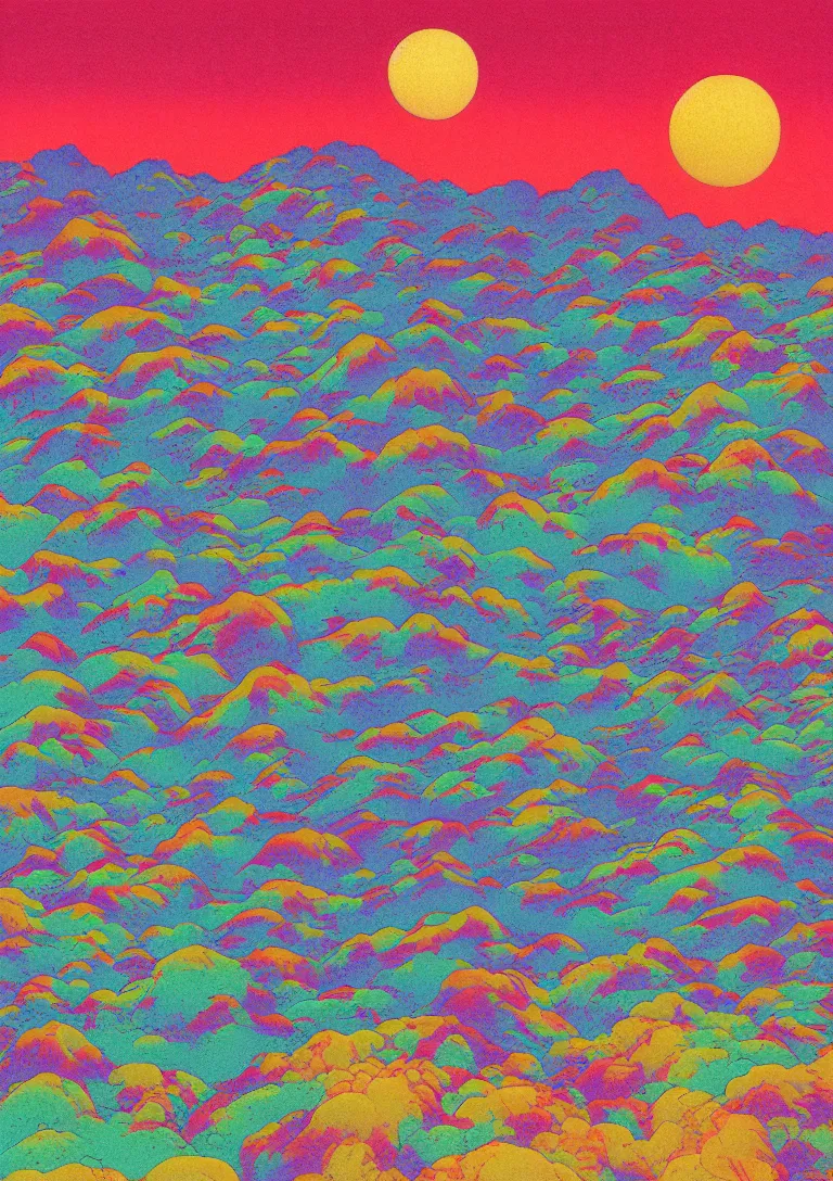 Prompt: a paper blotter tab of LSD acid melting into a psychedelic landscape, risograph by kawase hasui, moebius, Edward Hopper and James Gilleard, Zdzislaw Beksinski, Steven Outram colorful flat surreal design, hd, 8k, artstation