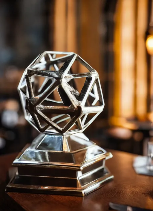 Image similar to a reflective symmetrical polyhedral 3 d printed steel engineering trophy at a high end bar in a medieval themed castle in golden afternoon light, professional food photography