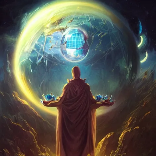 Image similar to the creator of worlds wearing a cloak and holding a holographic planet projection in his hand, detailed, sci - fi, digital painting, artstation, sharp focus, illustration, ominous, artgerm, tomasz alen kopera, peter mohrbacher, donato giancola, joseph christian leyendecker, wlop, frank frazetta