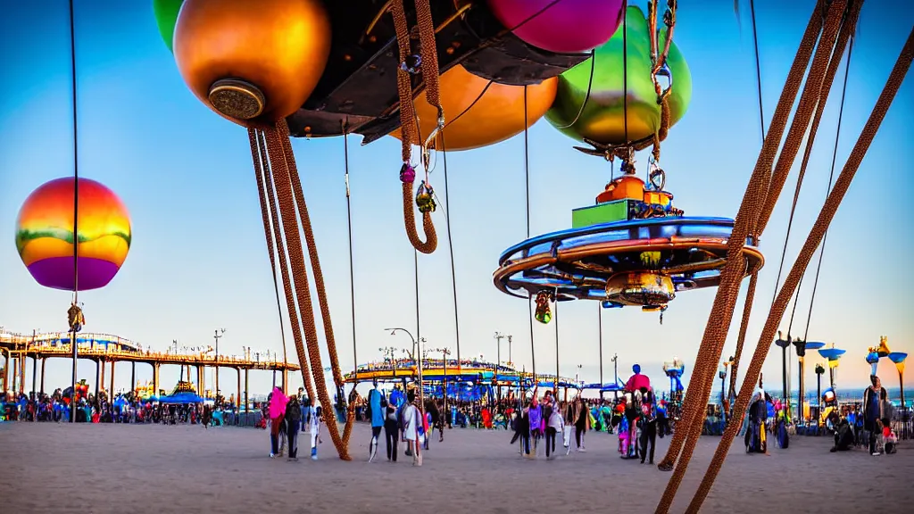 Image similar to large colorful futuristic space age metallic steampunk balloons with pipework and electrical wiring around the outside, and people on rope swings underneath, flying high over the beautiful santa monica pier city landscape, professional photography, 8 0 mm telephoto lens, realistic, detailed, photorealistic, photojournalism