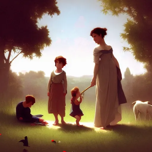 Prompt: william adolphe bouguereau ilustration a family gathering in the country, style goro fujita, character art, sharp focus, highly detailed, artstation