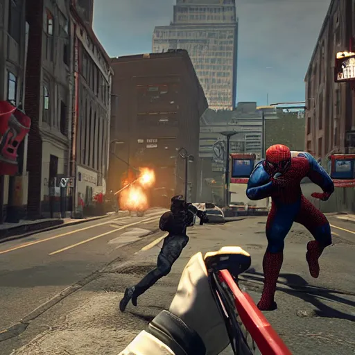 Image similar to Screenshot from the PC game Payday 2 demonstrating the Spiderman crossover