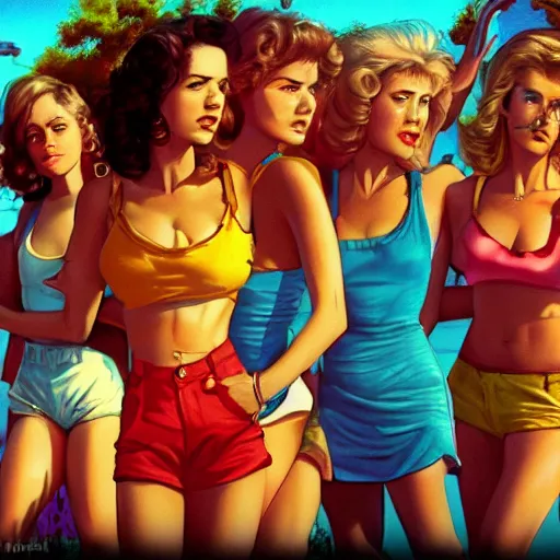 Prompt: girls in the sun, artstation, 80's, high detail, tarantino style, 4K, beautiful