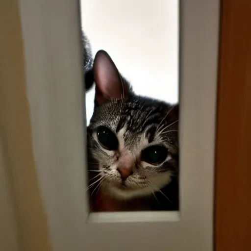 Image similar to small cat looking through doorcam in the middle of the night