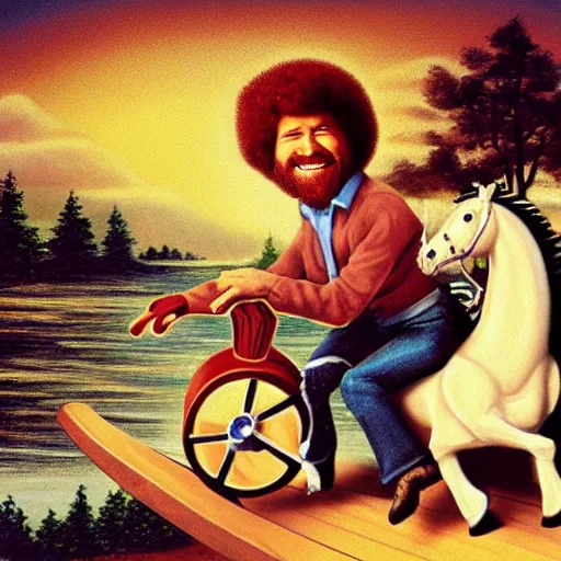 Image similar to bob ross riding a rocking horse on acid