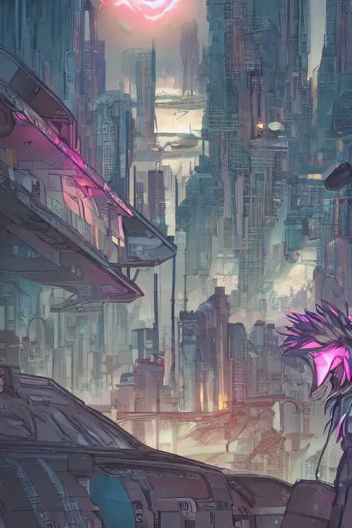 Image similar to a cyberpunk anthropomorphic fox with a fluffy tail staring over a futuristic city from the top of a roof, comic art, trending on furaffinity, cyberpunk, backlighting, cartoon