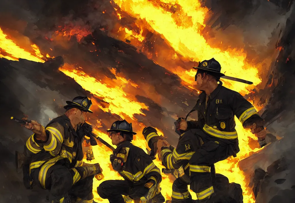 Prompt: heroic firefighter in action in black and yellow uniform, fire flames, sharp details, sharp focus, elegant, highly detailed, illustration, by jordan grimmer and greg rutkowski and 薯 子 imoko and wlop and maya takamura, intricate, art gta 5 cover