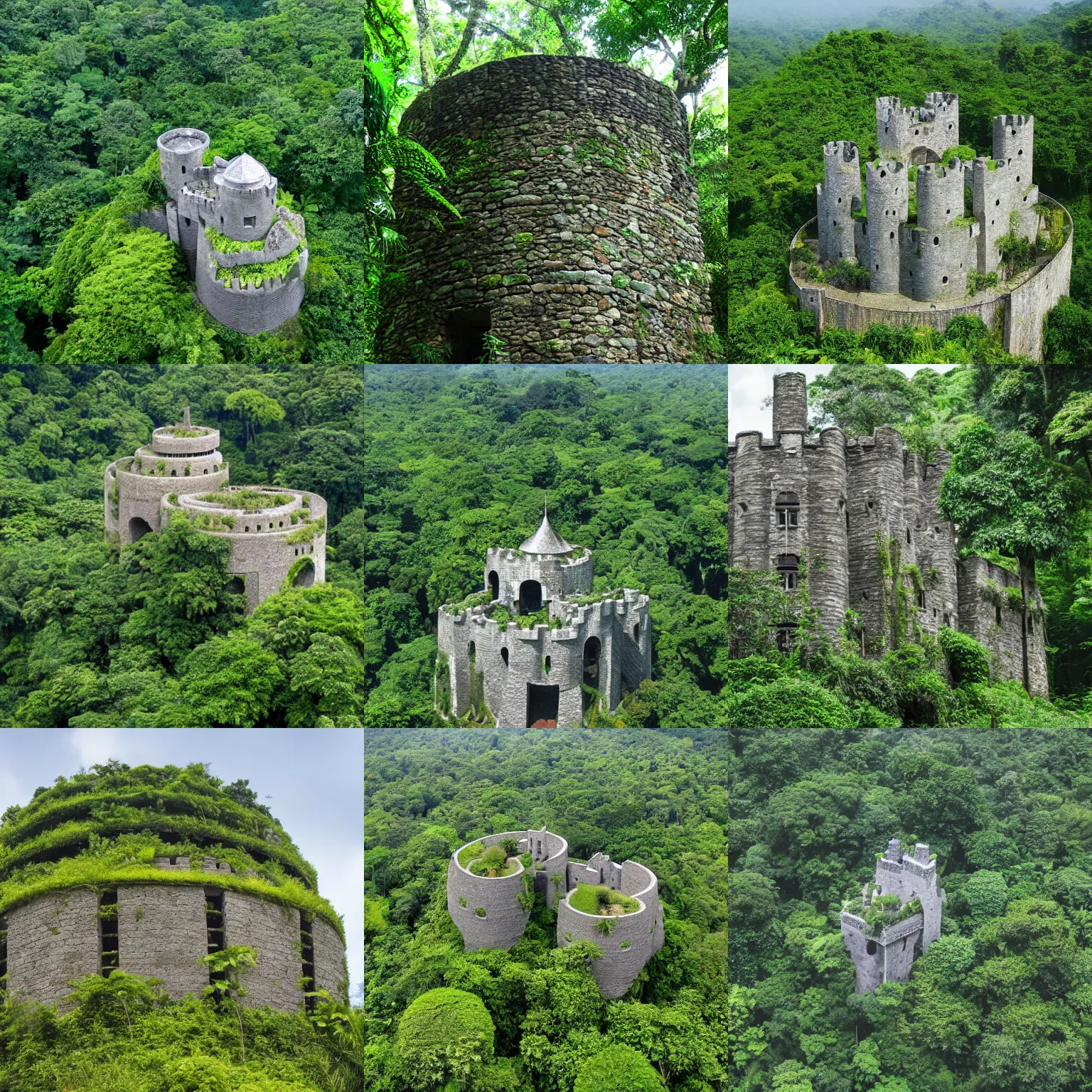 Prompt: a stone castle in the lush equatorial jungle, round and cylindrical style of architecture