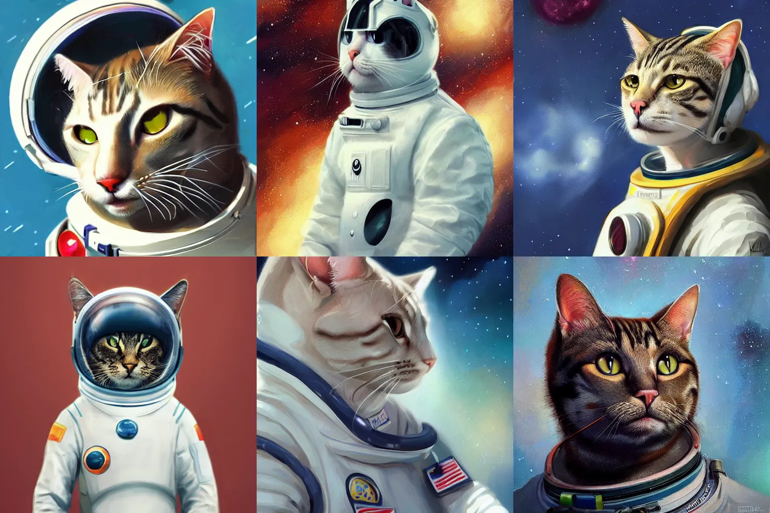 Image similar to head and shoulders masterpiece portrait of a cat wearing a spacesuit, surreal background, digital art by Krenz Cushart, trending on artstation, cgsociety,