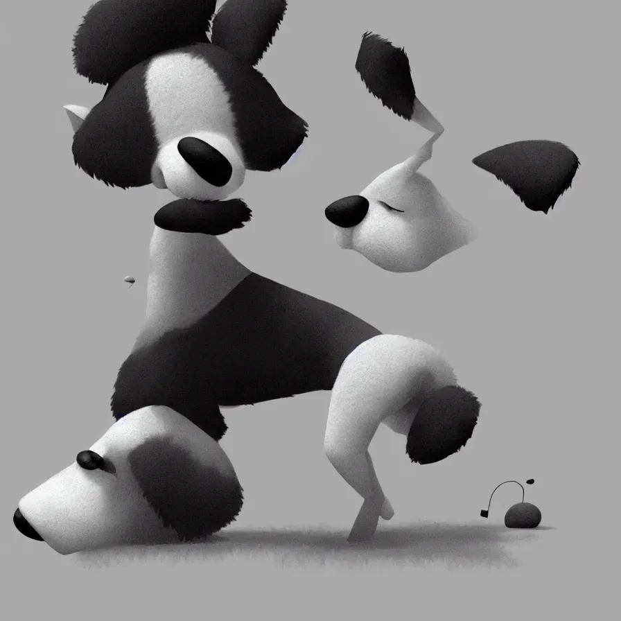 Image similar to Goro Fujita illustrating a beautiful black and white fluffy dog, with big ears on a plain background, art by Goro Fujita, sharp focus, highly detailed, ArtStation