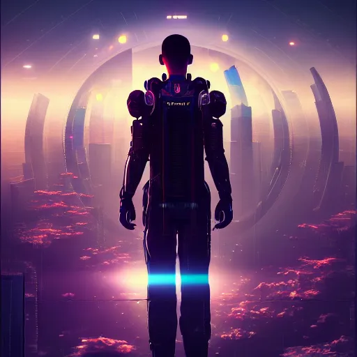 Image similar to A dream beyond horizon. ArtStation, Cyberpunk, Vertical Symmetry, 8K, Highly Detailed, Intricate, Album Art.