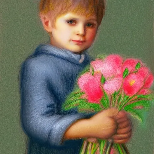 Image similar to a young boy is holding a bouquet of flowers, a pastel by bourgeois, pixabay, art & language, stockphoto