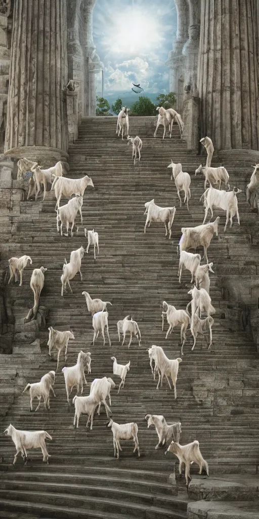 Prompt: a herd of goats! on stairs in a beautiful fantasy cathedral, epic, grandiose, many goats, magic, greek columns, tall towers, gorgeous clouds, colorful, sunrays, digital painting, landscape, octane render, unreal engine, high detail, very realistic, by katsuya terada