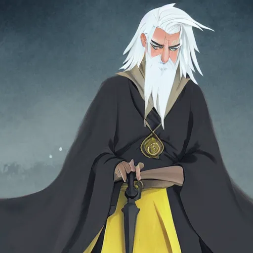 Image similar to a white haired man with yellow eyes, wearing a black cultist robe, medieval background, highly detailed, digital painting, artstation, matte, by makoto shinkai, animation style, studio ghibli, anime key visual