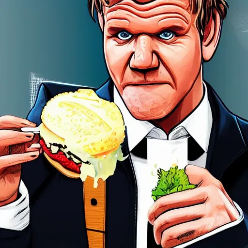 Prompt: GTA cover art of Gordon Ramsay eating an ice cream burger