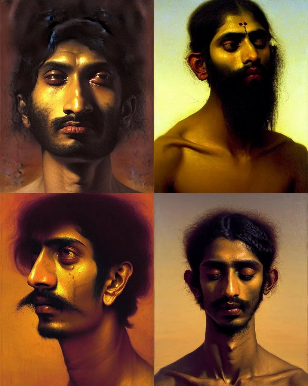 Prompt: a beautiful dramatic classical portrait of a spaced out indian stoner 2 2 years old boy, head only, by zdzisław beksinski, by anthony van dyck, by greg rutkowski, oil on canvas, baroque color palette, trending on artstation, masterpiece, cold lighting, detailed, 8 k