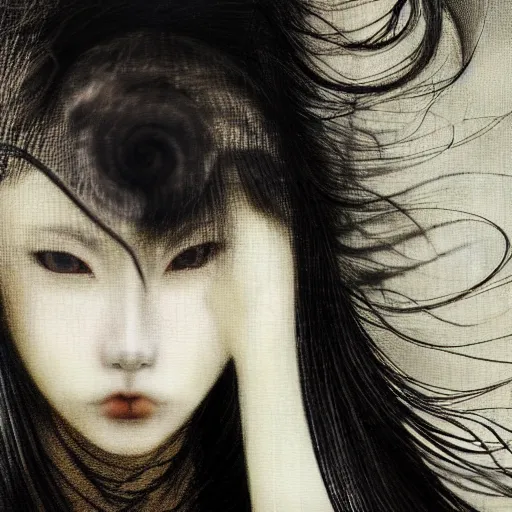 Prompt: yoshitaka amano blurred and dreamy realistic illustration of a japanese woman with black eyes, black lipstick, wavy white hair fluttering in the wind wearing elden ring armor with engraving, abstract patterns in the background, satoshi kon anime, noisy film grain effect, highly detailed, renaissance oil painting, weird portrait angle, blurred lost edges, three quarter view