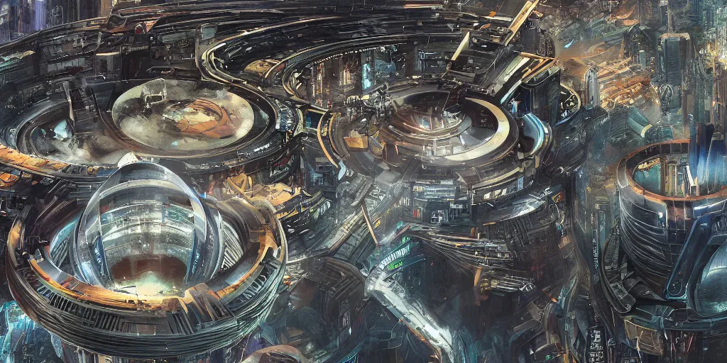 Prompt: aerial view of a massive concentric hole on the ground, a futuristic mass effect bladerunner vity built around the cliff walls, multi - layer, large pipes, metal cladding wall, some stalls, intricate bridges between buildings, some floating billboards, backlit, shadow play, canon 2 0 mm lens, extreme wide angle by eddie mendoza, syd mead