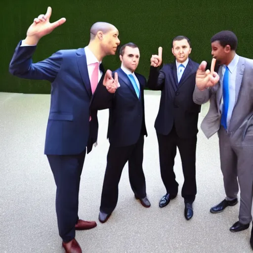 Image similar to businessmen in suits throwing up gang signs at a baby dinosaur