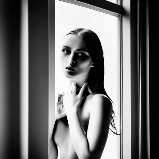 Image similar to black and white fashion photography of a beautiful depressed Woman with detailed face in the heroine chique style standing by the window, natural light, sigma 85mm f/1.4 1/10 sec shutter