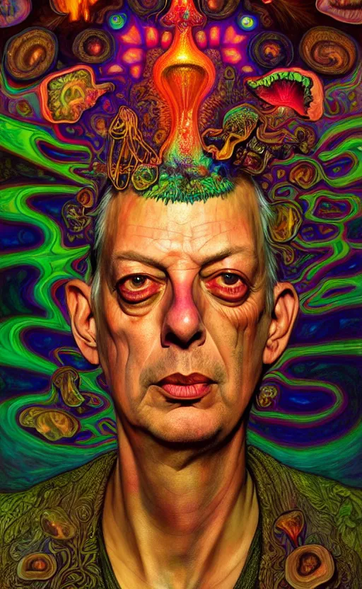 Image similar to An extremely psychedelic portrait of larry harvey, colorful, surreal, dramatic lighting, magic mushrooms, psilocybin, LSD, face, detailed, intricate, elegant, highly detailed, digital painting, artstation, concept art, smooth, sharp focus, illustration, art by Krenz Cushart and Artem Demura and alphonse mucha