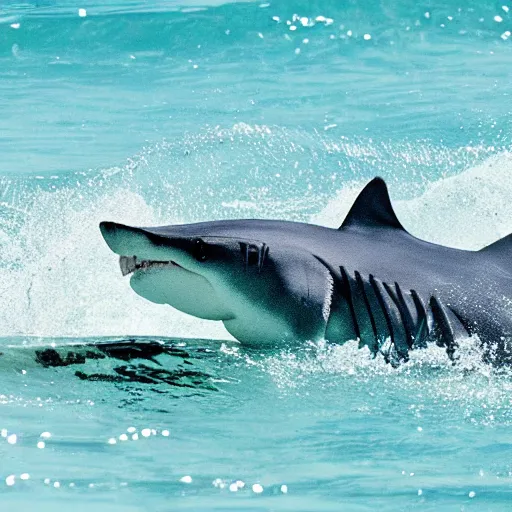 Image similar to a surfer feeding a shark in a pool