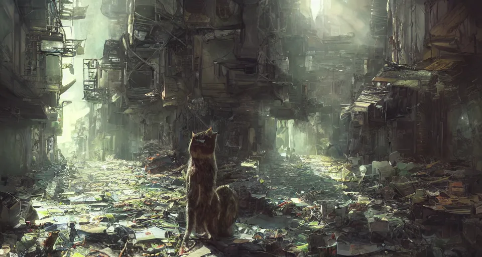 Prompt: craig mullins and ghibli digital art of on the stage of in the alleys of urban america, at sunset, the half - man - half - cat monster looks at you, hiding in the shadows of the accumulation of debris, miniature, green pupils realistic shading, cinematic composition, realistic render, octane render, detailed textures, photorealistic, wide shot