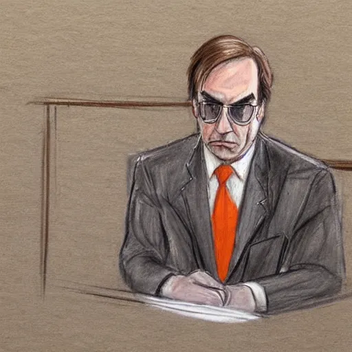 Prompt: court sketch of saul goodman, with trimmed mustache, wearing glasses, wearing orange prison jumpsuit, being cross - examined on the stand during trial, sketch by jeff kandyba, marilyn church