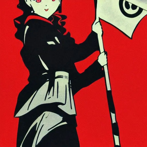 Prompt: Anime girl holding Revolutionary flag, 1940s Soviet Propaganda style, red and black, poster