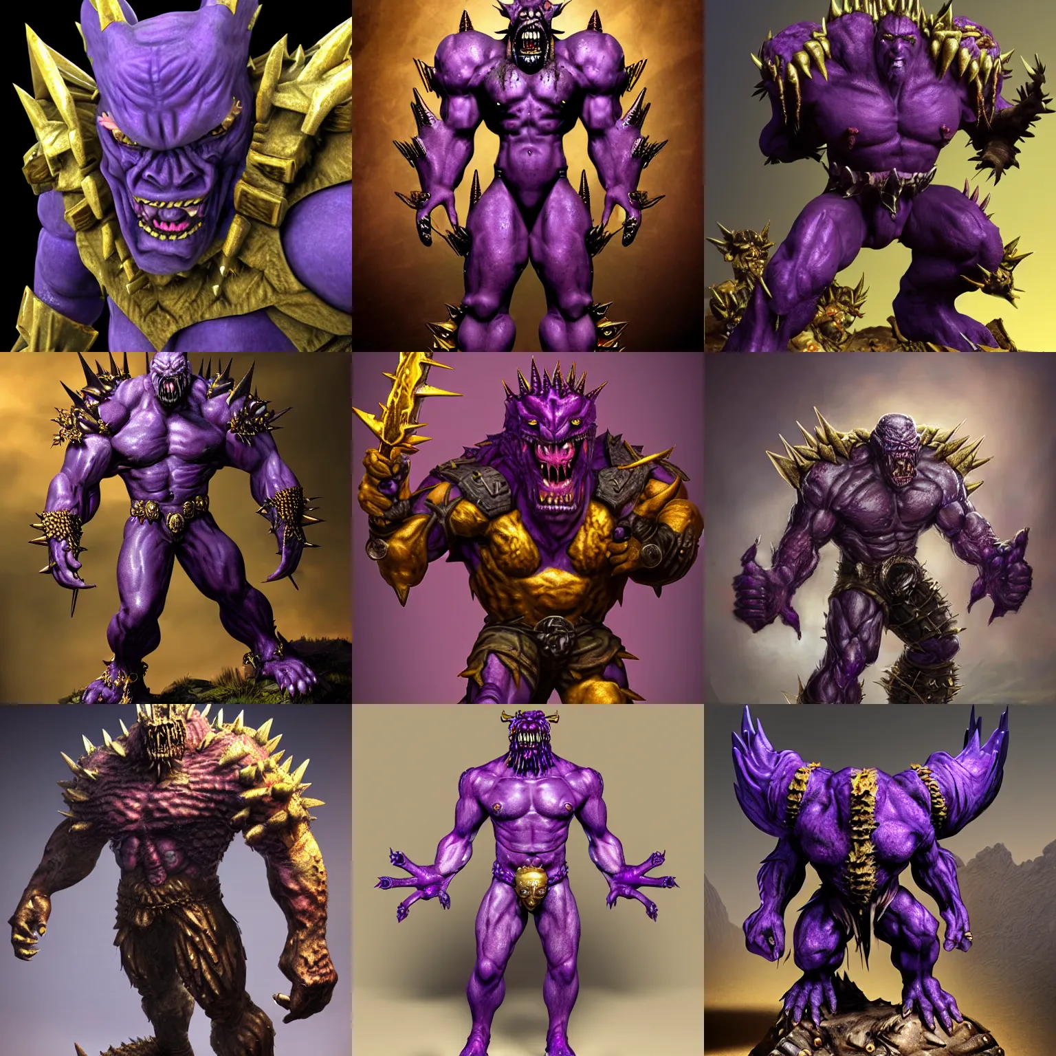 Prompt: ugly monster by Chris Metzen, spikes on the body, skin spikes, purple skin, huge muscles, gold armor, battleground background