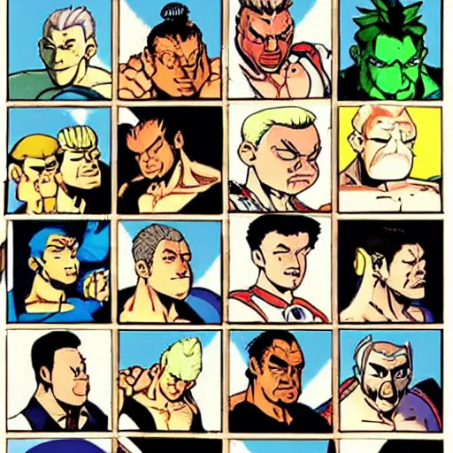 Image similar to all the street fighter characters in the style of tintin, comic