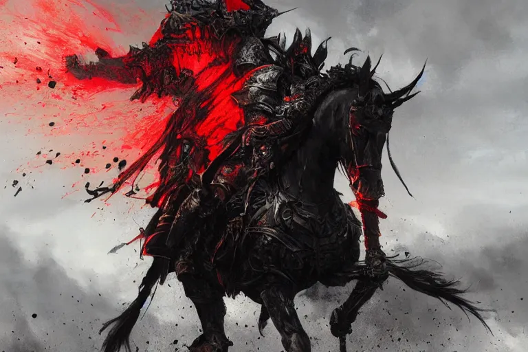 Image similar to a angry knight in full plate of black armor, splattered with blood, riding a large black horse, with red glowing eyes, flowing red mane and tail, blackened clouds cover sky, crackling with lightning, a castle in distance burns, concept art by greg rutkowski, craig mullins, todd mcfarlane,