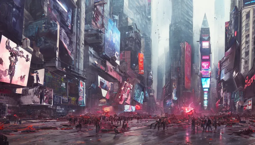 Image similar to Cinematic view of people fleeing the attack of a mecha in damaged Times Square, hyperdetailed, artstation, cgsociety, 8k