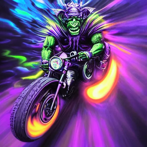 Image similar to psychedelic blacklight airbrush artwork, hyper stylized action shot of a menacing orc riding a motorcycle, clear focused details, soft airbrushed artwork, black background, cgsociety, artstation