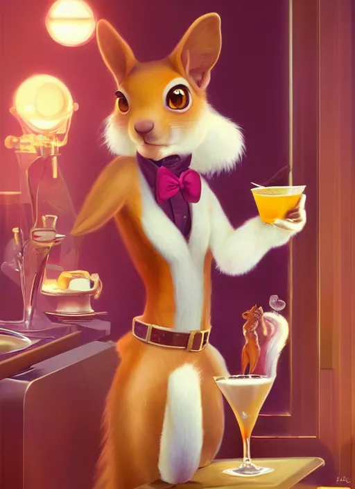 Prompt: female squirrel anthro as a dapper bartender with a big, fluffy tail, retro futurism, art deco, detailed, painterly digital art by WLOP and Cory Loftis and Delphin Enjolras, 🐿🍸🍋, furaffinity, trending on artstation