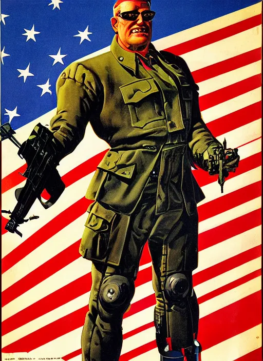 Prompt: american propaganda poster. cyberpunk heavy weapons guy. portrait by jean giraud and anton otto fischer and john philip falter and will eisner and gil elvgren