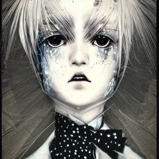 Image similar to Yoshitaka Amano realistic illustration of an anime girl with white hair and cracks on her face wearing dress suit with tie fluttering in the wind, abstract black and white patterns on the background, noisy film grain effect, highly detailed, Renaissance oil painting, weird portrait angle