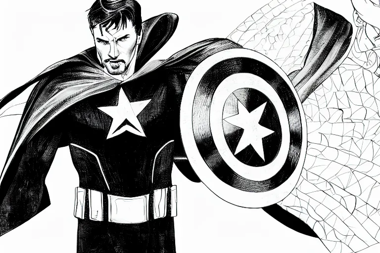 Prompt: black and white drawing of captain america wearing doctor strange costume by sandro botticelli in 4 k ultra high resolution, with inspiring feeling