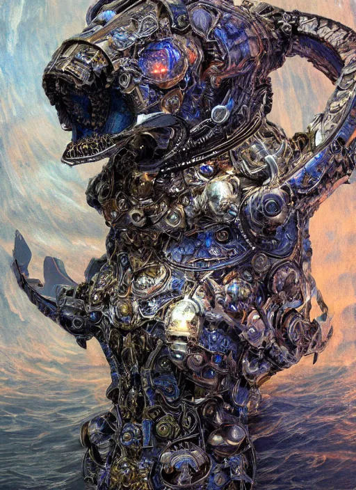 Prompt: closeup symmetry! biblical diabolical bautiful cyborg dog with glowing veins, dynamic pose!! intricate detailed porcelain armor, ocean on alien planet titan, underwater photography, by gerald brom, by mikhail vrubel, by peter elson, muted colors, extreme detail, trending on artstation, 8 k