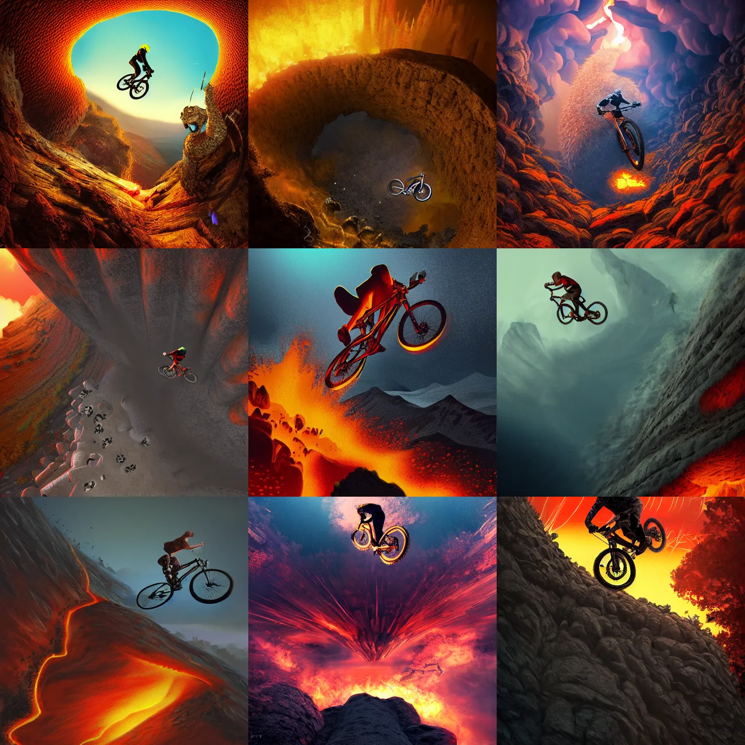 Prompt: mountain biker flying over hedgehog, elevated point of view, looking down into the fiery depths of hell, dramatic lighting, intricate, digital art, trending on artstation