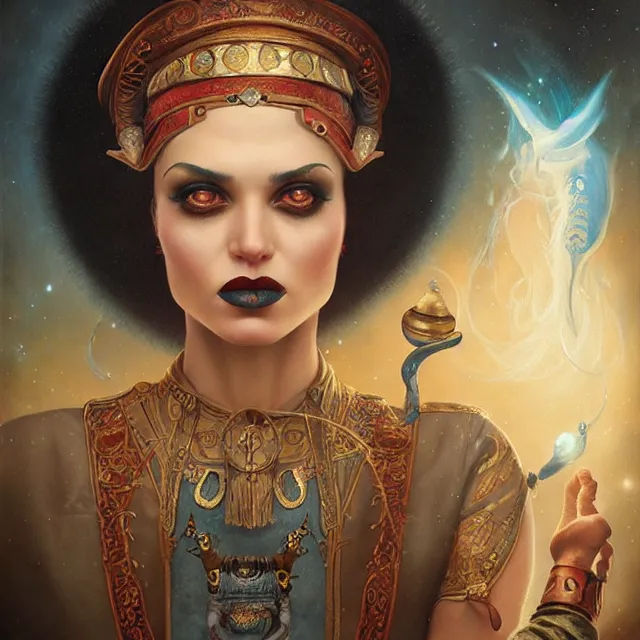 Image similar to portrait of a magical levantine genie, art by tom bagshaw and manuel sanjulian