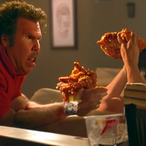 Image similar to scene from a movie that looks like a drama but it's a laugh hard comedy, will ferrell becoming addicted to spicy chicken wings, shot by darren aronofsky, 4 k