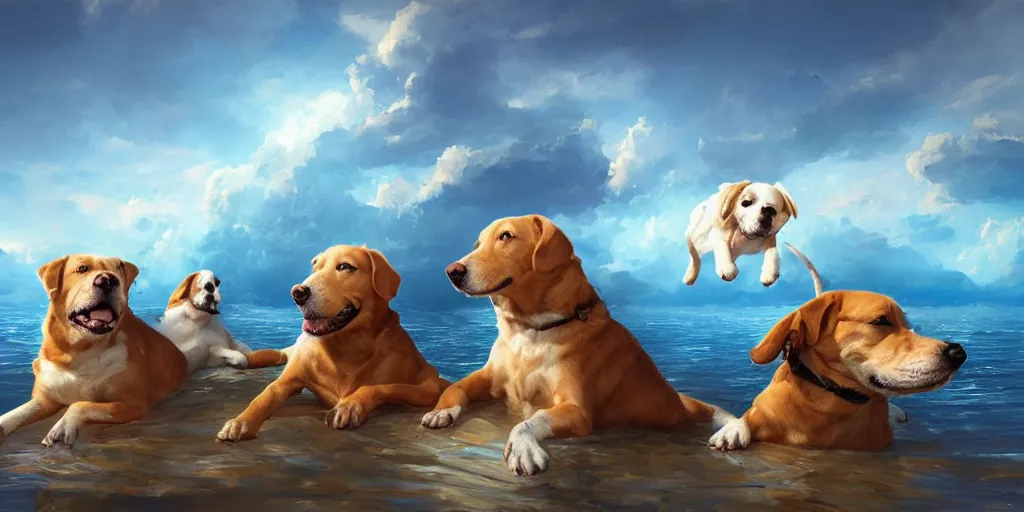 Prompt: Floating doggos saying MUCH WOWover a blue ocean, Darek Zabrocki, Karlkka, Jayison Devadas, Phuoc Quan, trending on Artstation, 8K, ultra wide angle, pincushion lens effect.