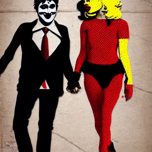 Prompt: mimmo rottela and banksy as joaquin phoenix skinny joker holding hand lady gaga harley queen, very realistic, intricate details, pop art style, concept art, confident, love, random object movement, 3 colours, arstation trending, proportional body, warm color, 4 k, ultra smooth, sharp focus