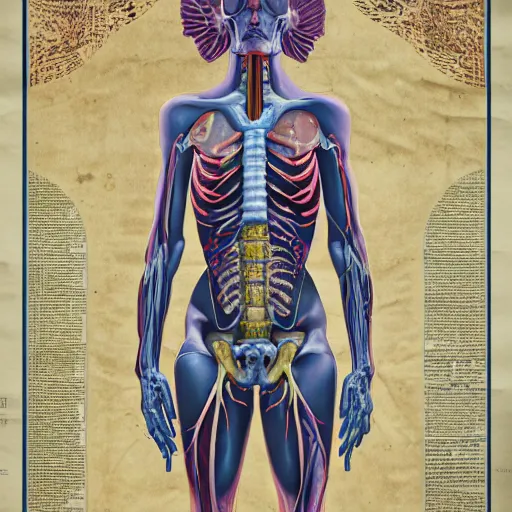 Prompt: ghost in the shell, highly detailed labeled medical anatomy poster, anatomical drawing on poster paper with notes, extra beautiful colorful full page antique lithograph of artnouveau borders and designs, muted colors, parchment paper, art print, well - lit, ray tracing, horror, eldritch abomination, hyper realistic, 8 k post - processing