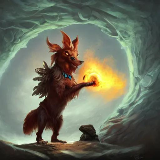 Prompt: anthropomorphic druidic dog in a vortex of flame, 8k resolution matte fantasy painting, cinematic lighting, DeviantArt Artstation, Jason Felix Steve Argyle Tyler Jacobson Peter Mohrbacher