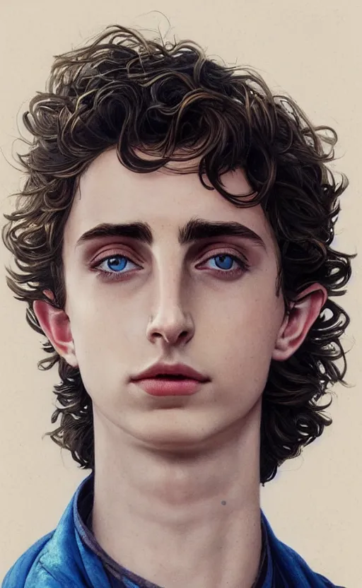 Image similar to beautiful paul atreides timothee chalamet with a three day beard, emperor of the known universe, completely blue eyes, perfect dramatic and dark portrait insanely detailed, concept art, deep focus, intricate, highly detailed, digital painting, artstation, matte, sharp focus, illustration, art by greg rutkowski and alphonse mucha, low angle, dominant eye