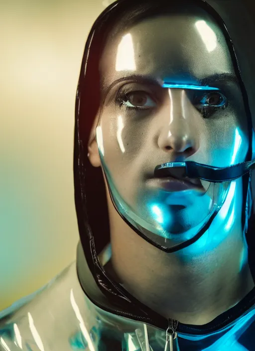 Image similar to a close-up of cyberpunk model man with black eyes and visible face wearing latex catsuit and lots of transparent and cellophane accessories, blue hour, twilight, cool, portrait, Kodachrome, ISO1200,